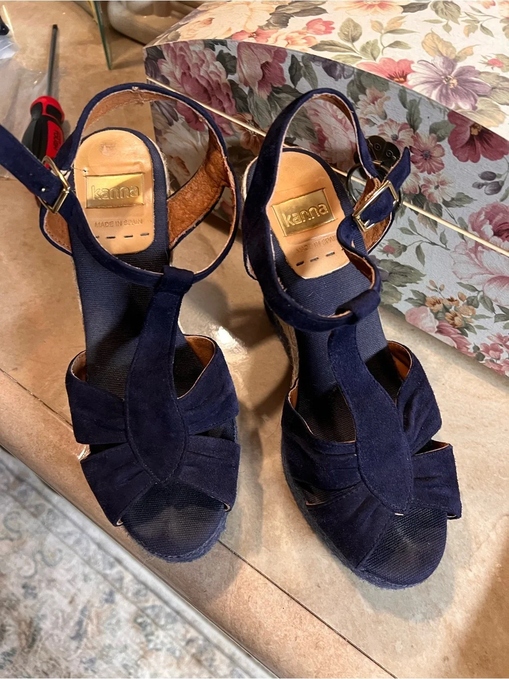 kanna Navy Suede Espadrille Wedge Sandals